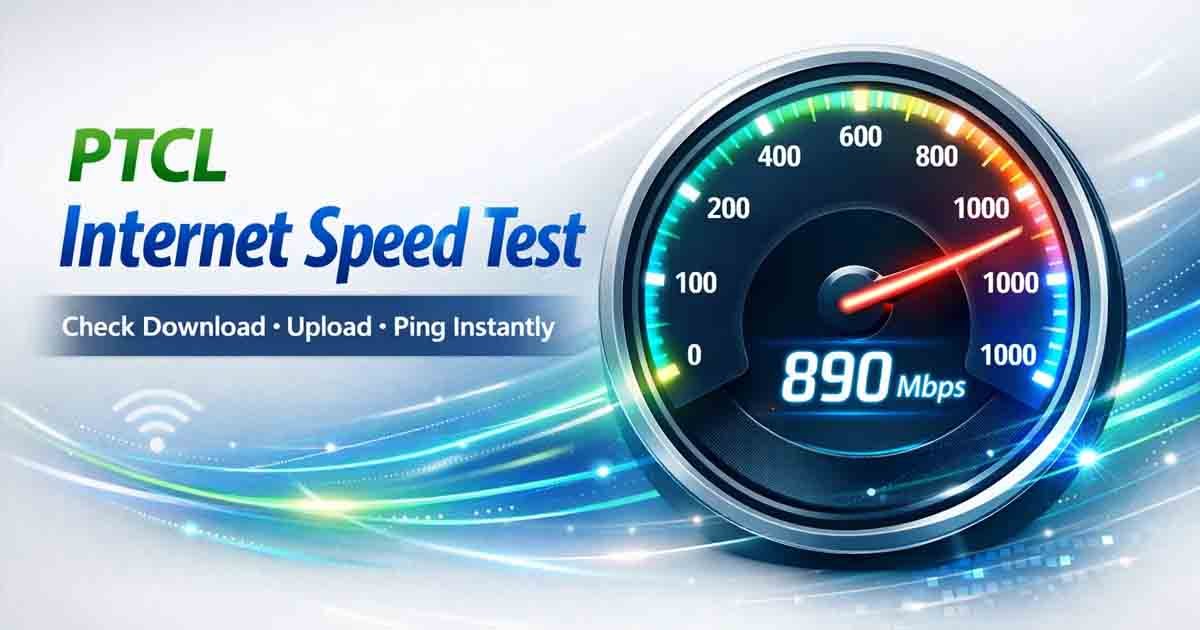 Speed test PTCL results screen showing download upload ping and jitter on a broadband connection